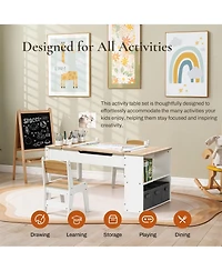 LuxenHome Activity Children Table with Storage Bookcase and 2 Chairs Set