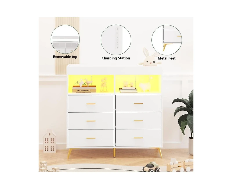 gaomon Dresser for Bedroom with 6 Drawers, Baby Changing Table Dresser with Changing Pad, Led Lights & Charging Station, Baby Changing Station with Ch