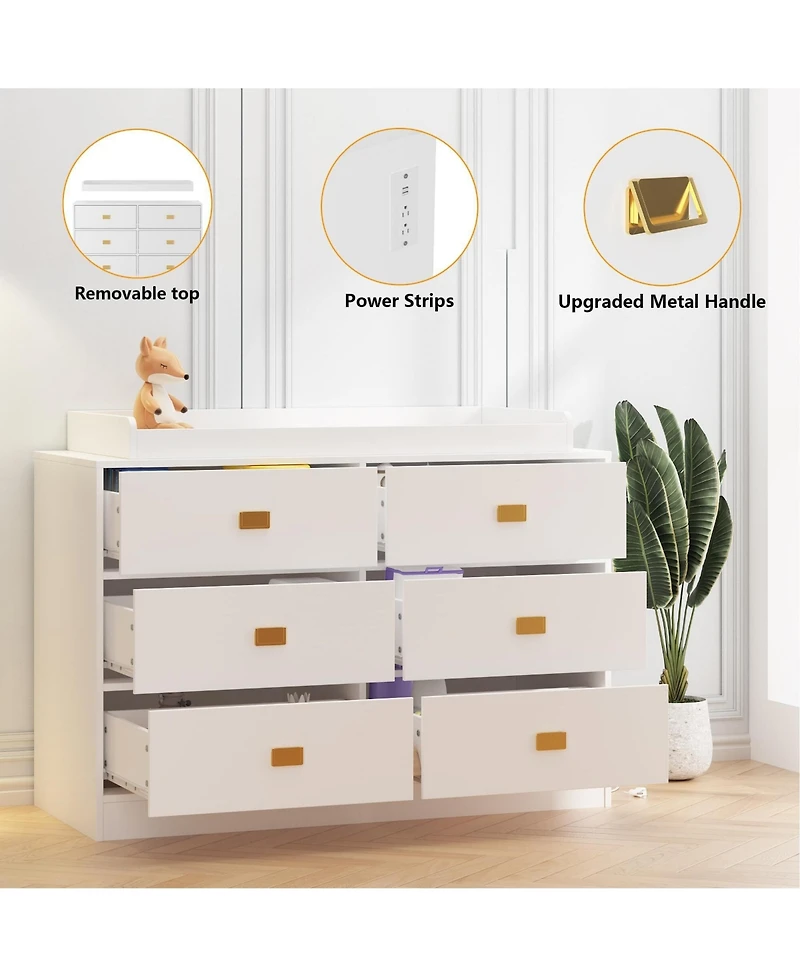 gaomon Dresser for Bedroom with 6 Drawers, Changing Table Dresser with Changing Table Top, Nursery Dresser Diaper Changing Station for Baby with Power