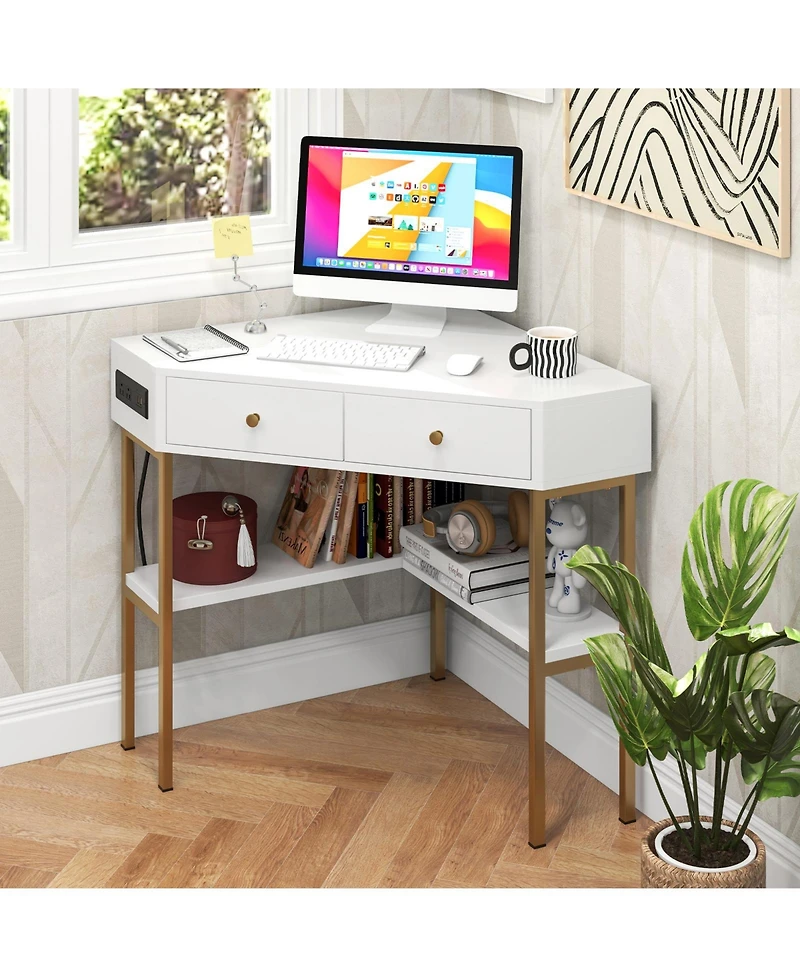 Gouun Triangle Corner Desk with Charging Station with 2 Drawers and Storage Shelf