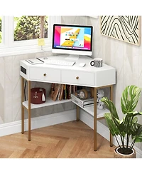 Gouun Triangle Corner Desk with Charging Station with 2 Drawers and Storage Shelf