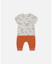 Deux par Deux Baby Boys Organic Cotton Top And Muslin Pant Set Paper Boats And Terracotta