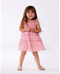 Deux par Baby Girls Smocked Layered Dress With Frill Sleeve Checked Pink
