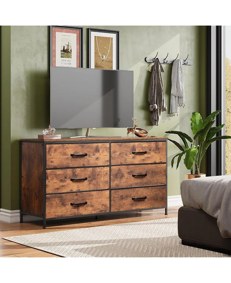Wlive Wide Fabric Dresser 6 Drawer Dresser Tv Stand for 60/" Tv Dressers Bedroom Furniture Large Storage Tower Unit with Fabric Bins Dresser for Bedro