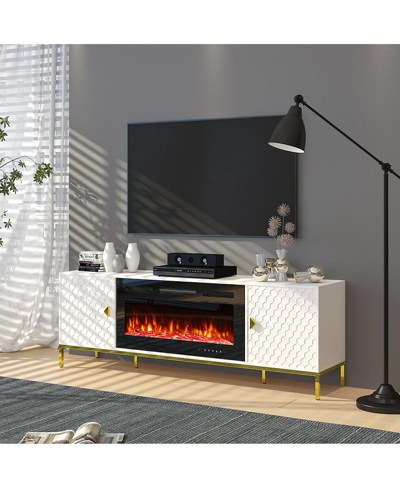 70 inches Mdf Tv Stand with 36 Fireplace and Storage Cabinets