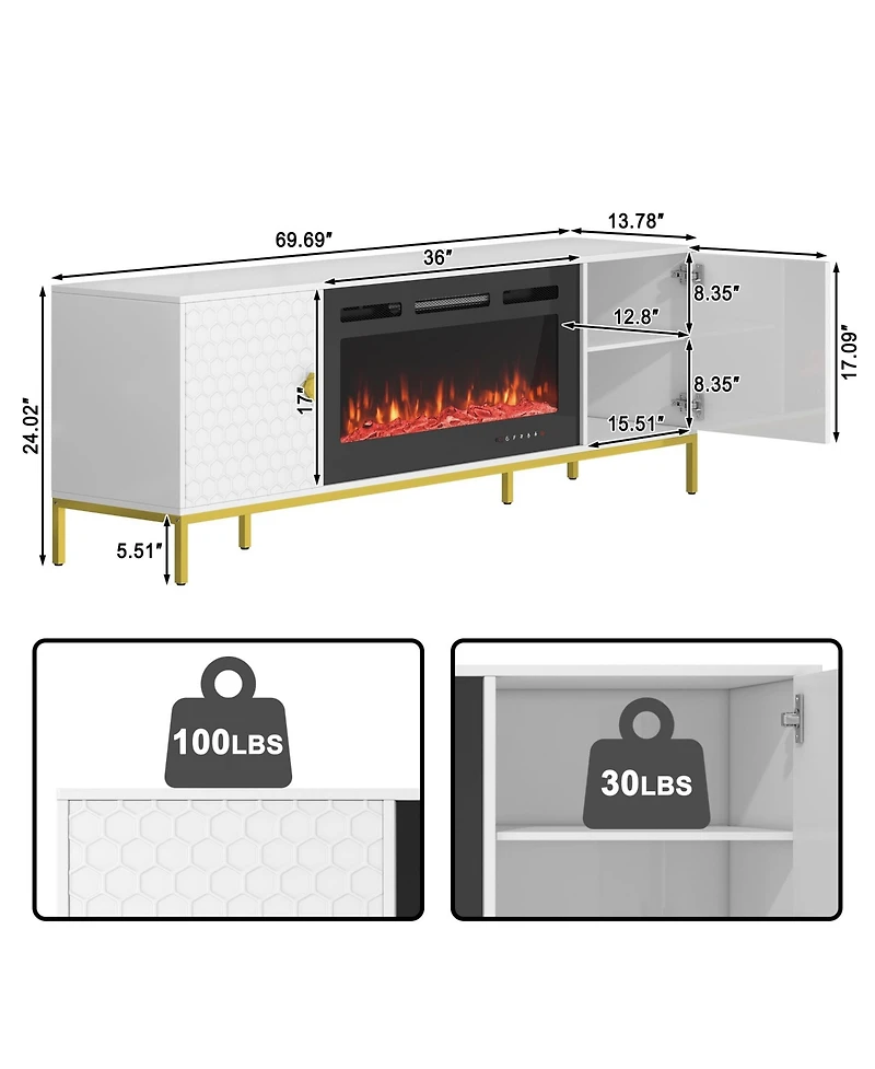 70 inches Mdf Tv Stand with 36 Fireplace and Storage Cabinets