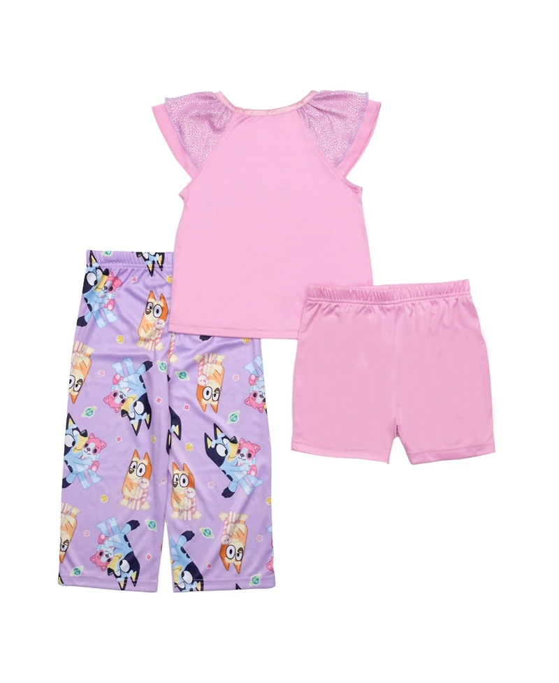 Bluey Toddler Girls Short Frill Sleeve Tank, Shorts and Open Leg Pants, 3-Piece Pajama Set