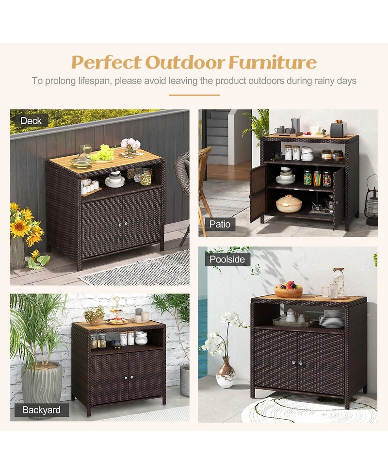 Gouun Rattan Storage Cabinet with Acacia Wood Countertop for Poolside Deck and Patio