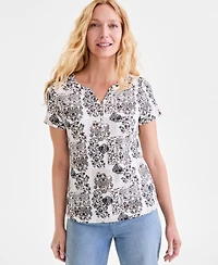 Style & Co Women's Printed Short-Sleeve Henley T-Shirt, Exclusively at Macy's