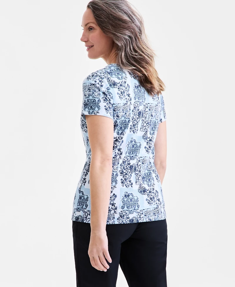 Style & Co Women's Printed Short-Sleeve Henley T-Shirt, Exclusively at Macy's