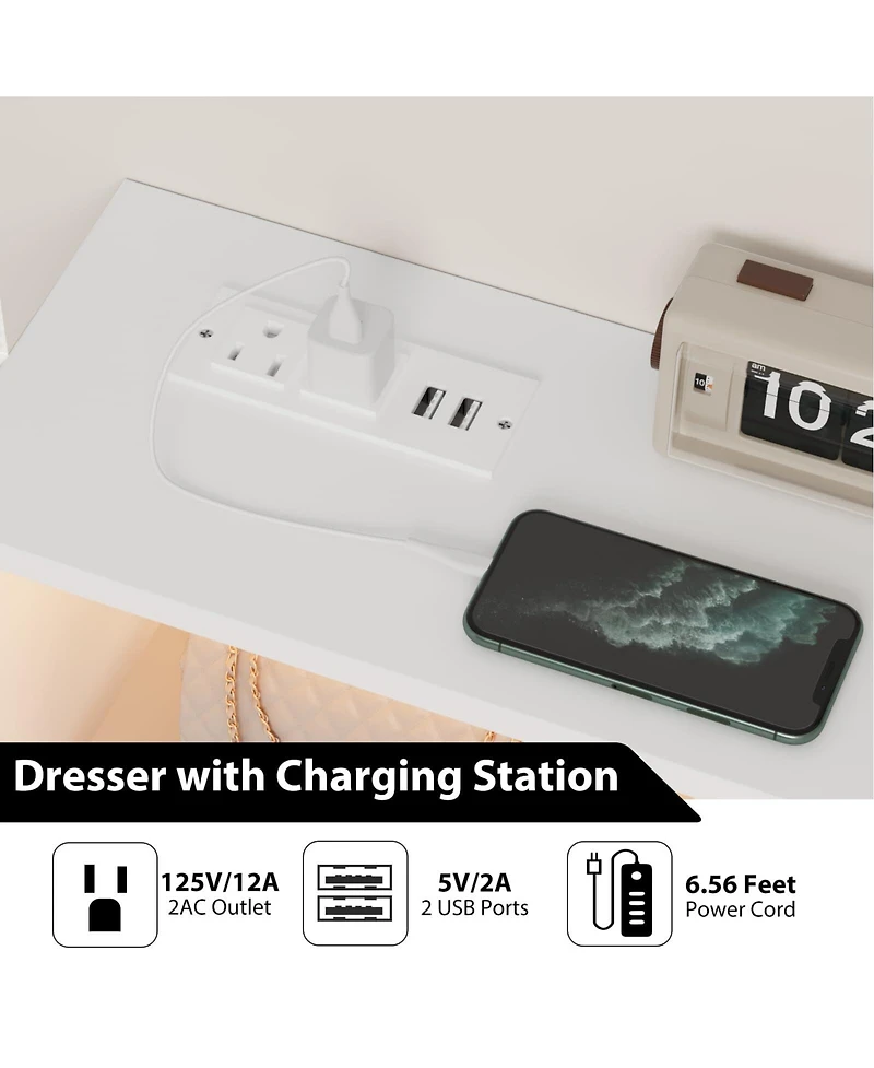 gaomon Dresser with Charging Station, Led Tv Stand 6 Drawers, Wood Modern Dressers & Chests of Drawers for Closet, Bedroom, Living Room,