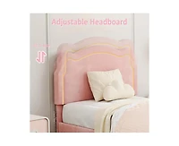 gaomon Twin Upholstered Smart Led Bed Frame with Adjustable Bear Headboard, Storage Drawer, Velvet Princess Platform Bed Frame for Kids/Girls, Wooden