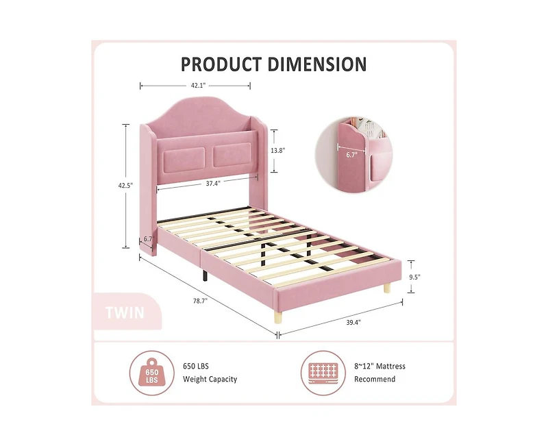gaomon Upholstered Twin Bed Frame with Led Lights, Velvet Platform Bed Frame with Wing Back Storage Headboard, Wood Slats Support