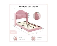 gaomon Upholstered Twin Bed Frame with Led Lights, Velvet Platform Bed Frame with Wing Back Storage Headboard, Wood Slats Support
