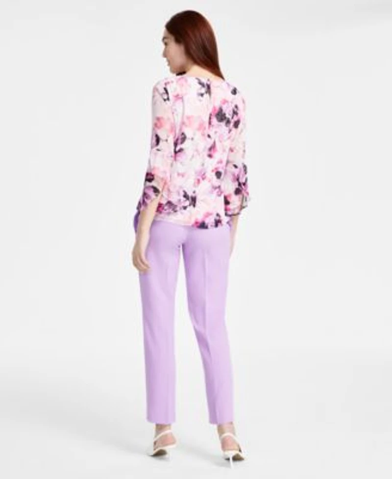 Kasper Womens Floral Ruffled Bell Sleeve Top Straight Leg Pants