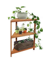 Meranti Wood 3-Tier Corner Plant Stand Shelves with Teak Oil Finish - Indoor/Outdoor Wooden Planter Furniture