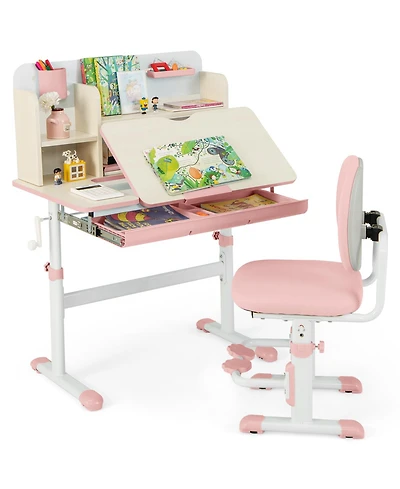 Gouun Kids Height Adjustable Children School Home Study Table and Chair Set with Tilted Desktop for 3-12 Years Old