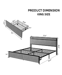 gaomon King Size Bed Frame with 2 Storage Drawers, Lined Fabric Upholstered Headboard with Charging Station