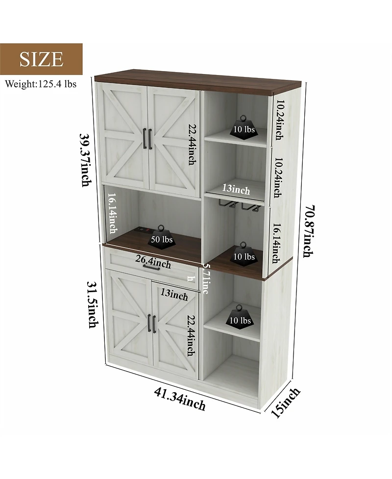 70.87'' Multifunctional Farmhouse Kitchen Pantry Sideboard with Cabinet and Drawer, Kitchen Buffet with Hutch and Glass Holder, Microwave Stand with C
