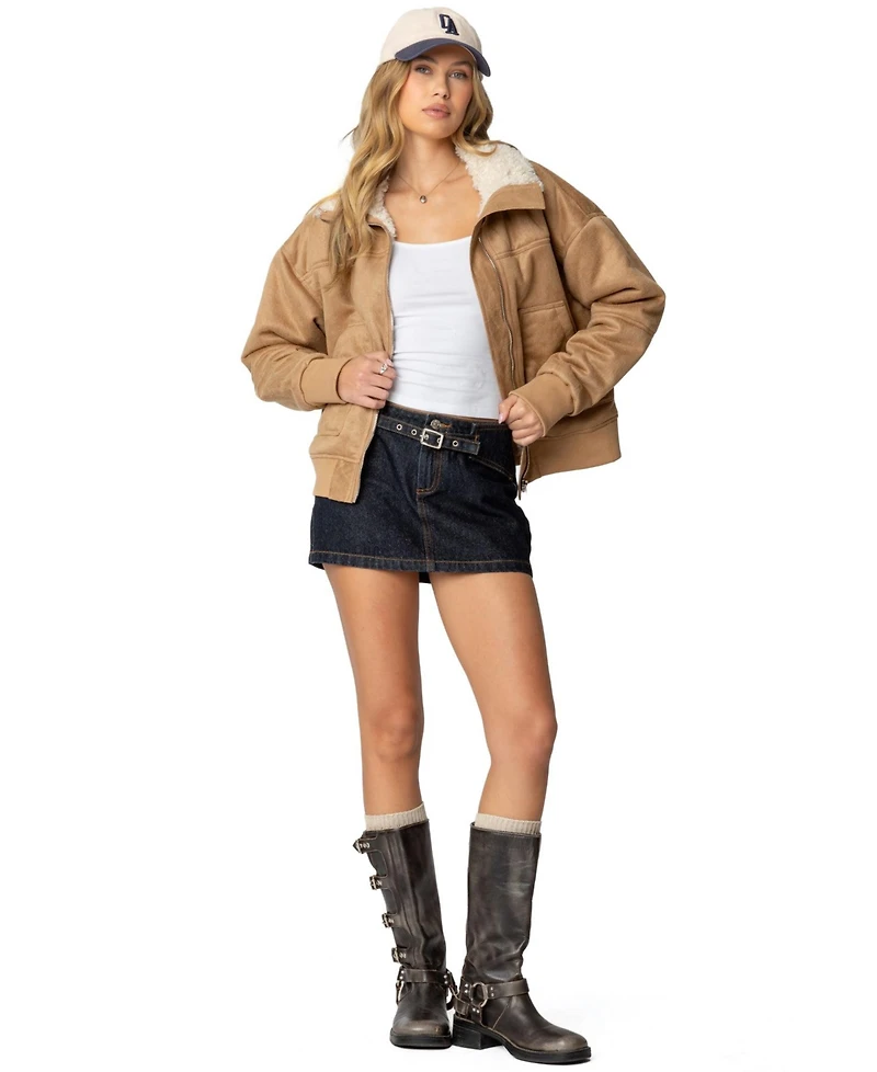 Edikted Womens Faux Suede Shearling Bomber Jacket