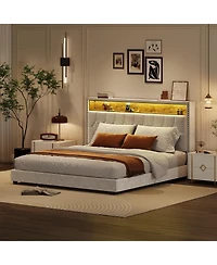 gaomon Full Velvet Upholstered Bed Frame with Storage Headboard and Built-in Charging Station, Smart Led Lights