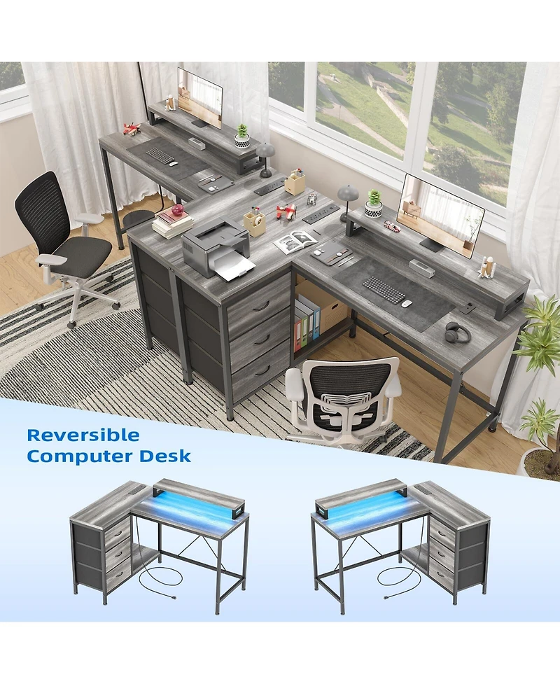 gaomon L Shaped Desk with Power Outlets & Led Lights