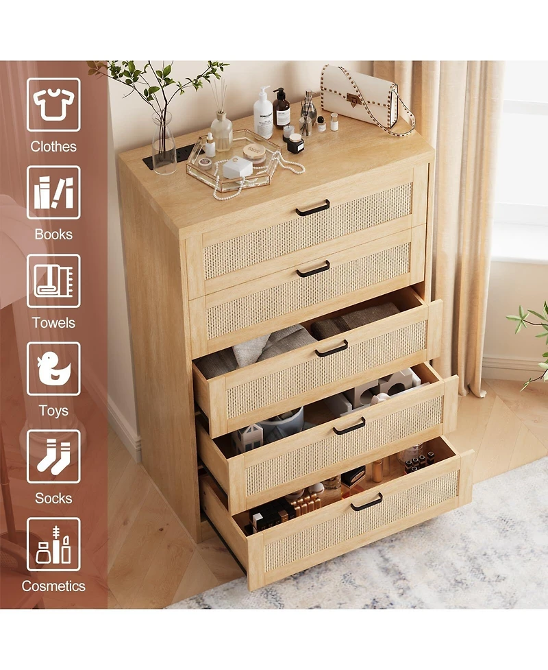 5 Drawer Rattan Dresser for Bedroom, 47.27” Tall Dresser with Power Outlets, Wood Dresser Chest of Drawers with Metal Handles for Living Room C