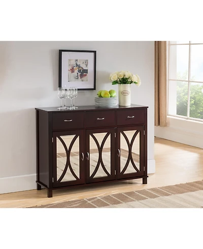 Kings Brand Furniture Odilon 3-Door Sideboard Buffet Server Cabinet, Mirrored Doors, Espresso
