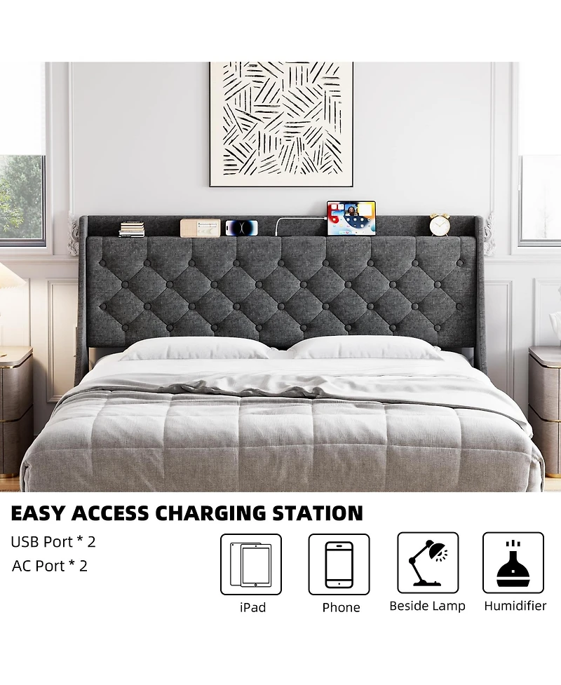 gaomon King Size Bed Frame with Upholstered Wingback Headboard, Luxurious Linen Upholstery Platform Bed with Charging Station