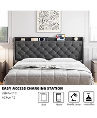 gaomon King Size Bed Frame with Upholstered Wingback Headboard, Luxurious Linen Upholstery Platform Bed with Charging Station
