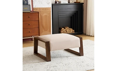 Vintage-Inspired Beige Ottoman with Wooden Legs, Stylish Footrest for Living Room, Bedroom, and Small Spaces-The Pop Home