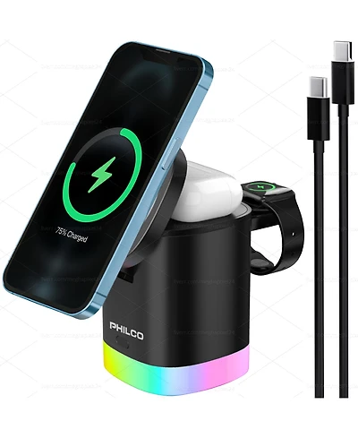 Philco 15W Fast Charging for Apple iPhone 16 15 14 13 12 11 MagSafe 3-in-1 Wireless Charging Station – Foldable Design, Charges Apple Watch & A