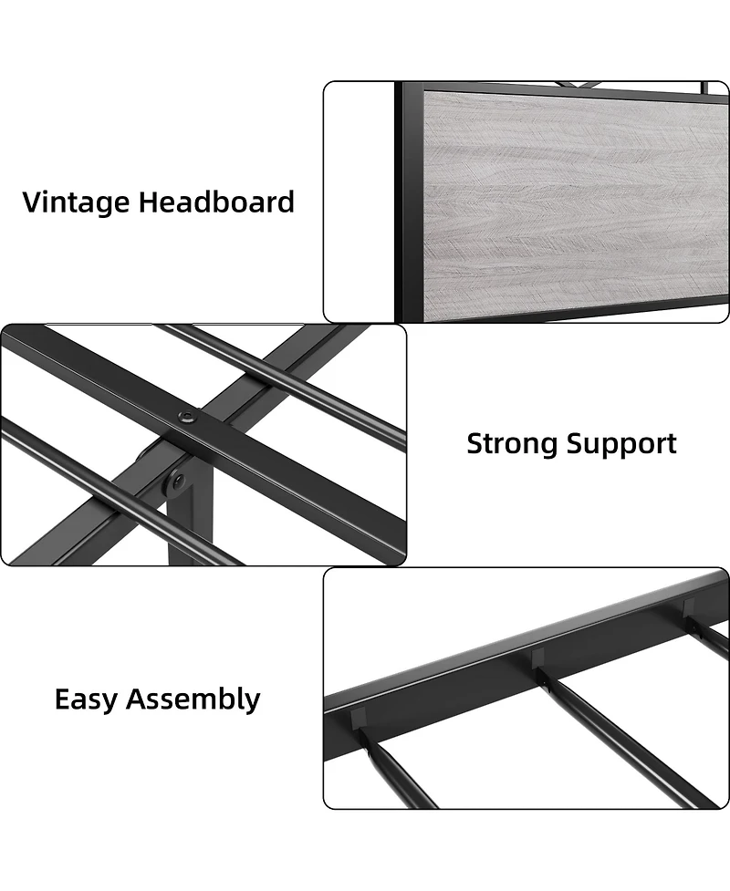 gaomon Queen Bed Frame, Metal Platform Bed Frame with Rustic Wood Headboard