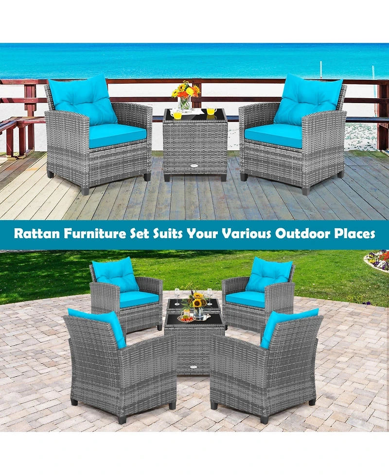 Gouun 3 Pieces Outdoor Wicker Conversation Set with Tempered Glass Tabletop