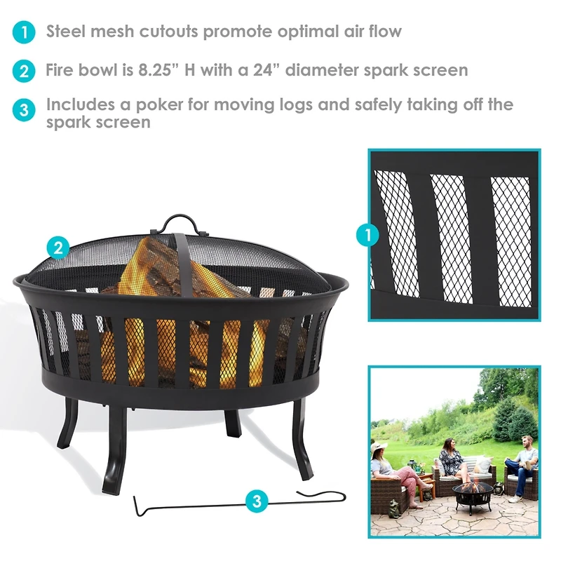 25" Outdoor Steel Mesh Stripe Cutout Fire Pit Set with Spark Screen and Poker Lifting Tool
