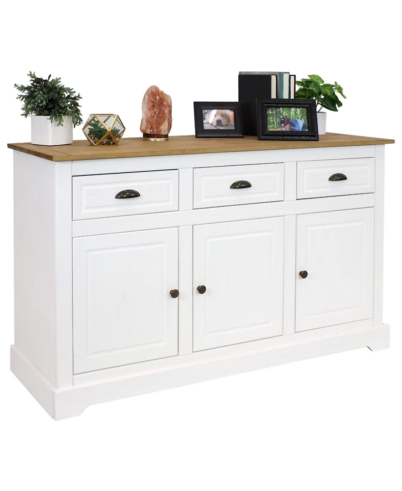 Solid Pine Sideboard Cabinet with 3 Drawers and 3 Doors - Features Adjustable Inner Cabinet Shelf - Zinc Alloy Hardware - Dark Brown- 32-Inch