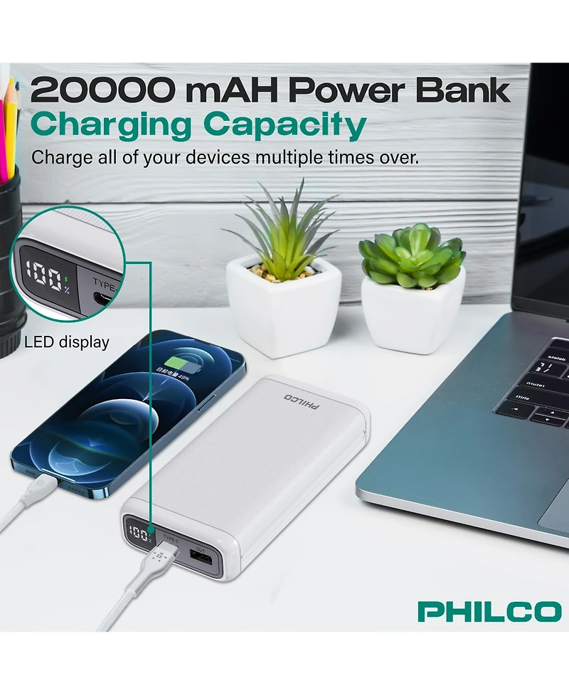 Philco Power Bank 20000mAh, Pd 22.5W Fast Charger, Portable External Battery Pack with Usb-c & Usb-a Outputs