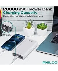 Philco Power Bank 20000mAh, Pd 22.5W Fast Charger, Portable External Battery Pack with Usb-c & Usb-a Outputs