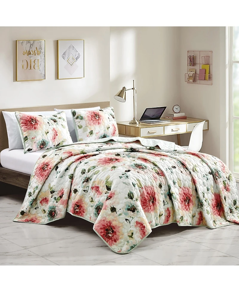 MarCielo 3 Piece Floral Printed Quilt Set Lightweight Bedspread Set Queen