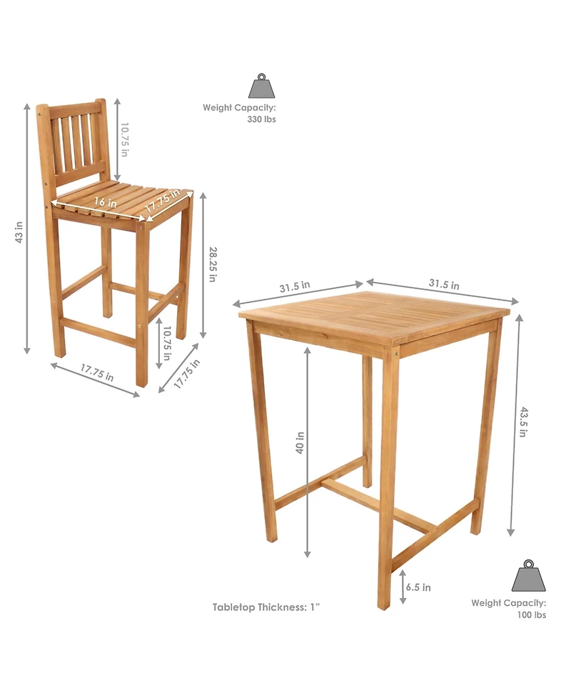 3-Piece Teak Wood Outdoor Bar Set - Brown