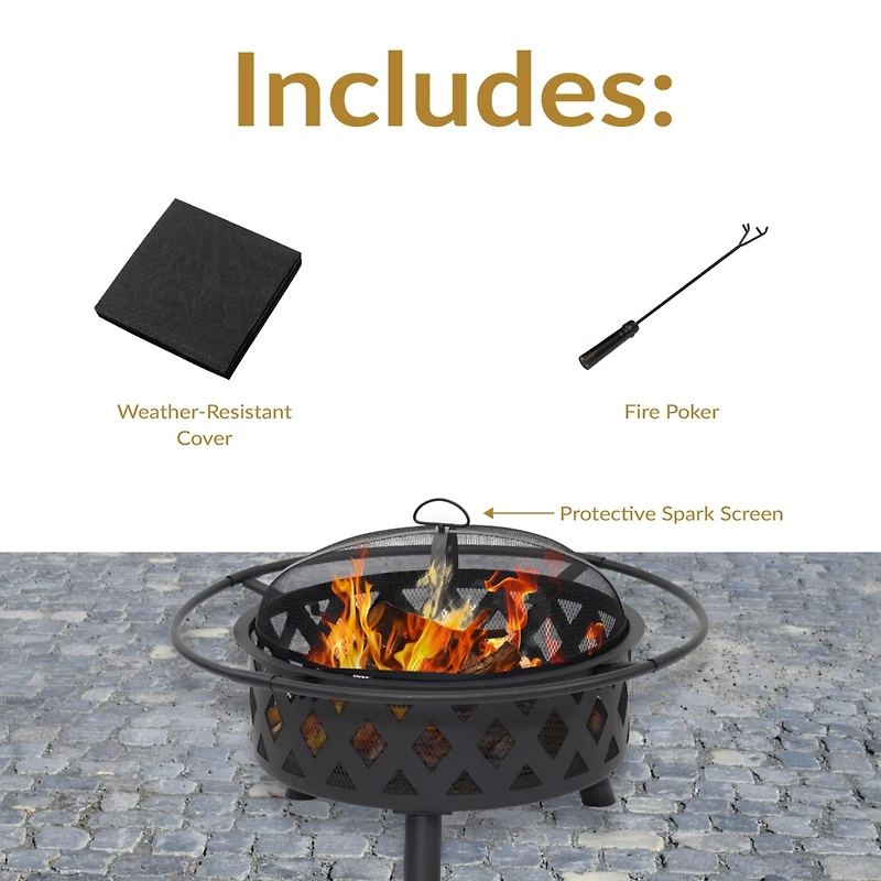 Crossweave Heavy-Duty Steel Outdoor Fire Pit with Spark Screen, Poker, Grill, and Cover - Black