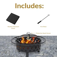 Crossweave Heavy-Duty Steel Outdoor Fire Pit with Spark Screen, Poker, Grill, and Cover - Black