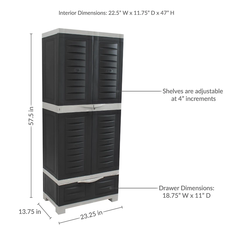 Versatile Storage Cabinet with 3 Adjustable Shelves and Lockable Doors - Charcoal w/ Gray Trim - 57.5"