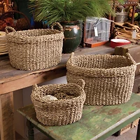 Seagrass Oval Baskets With Handles & Cuffs Set of 3