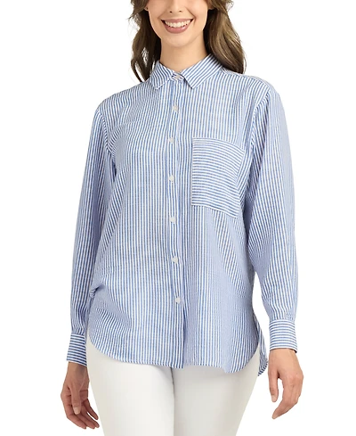 Bcx Juniors' Long-Sleeve Striped Button-Front Top