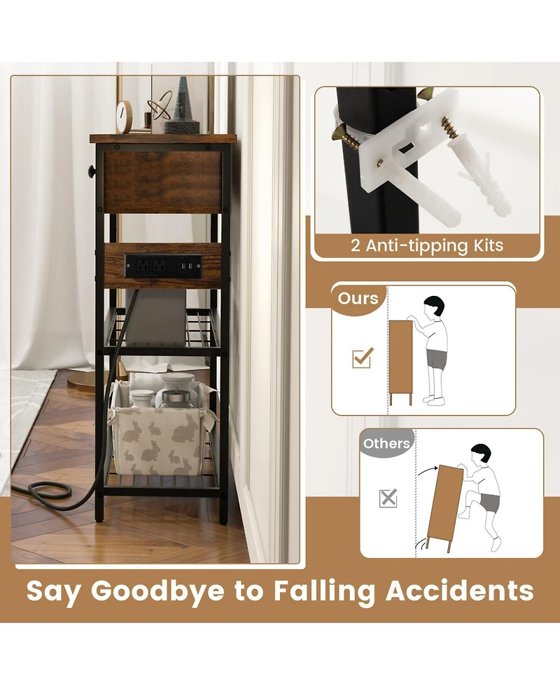 Gouun Narrow Console Table with 2 Drawers and 2 Metal Mesh Shelves