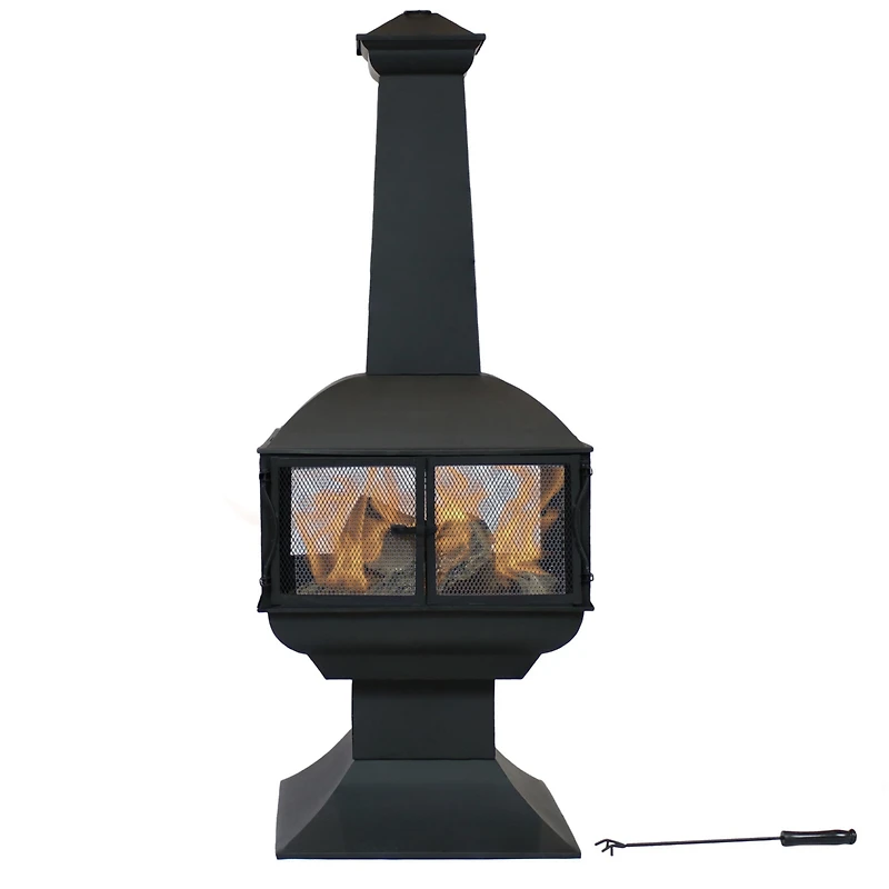 Outdoor Backyard Patio Steel 360-Degree View Wood-Burning Fire Pit Chiminea with Wood Grate and Poker - 57" - Black