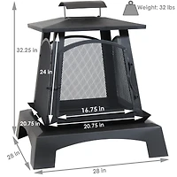 Outdoor Camping or Backyard Steel Pagoda Style Fire Pit with Log Poker and Wood Grate - 32" - Black