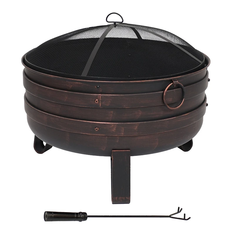 Heavy-Duty Steel Cauldron Fire Pit with Spark Screen and Pvc Protective Cover - 28.5-Inch Round - Brushed Bronze