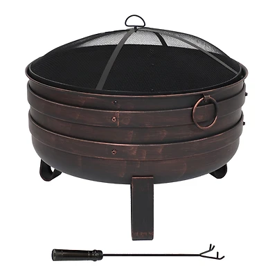 Heavy-Duty Steel Cauldron Fire Pit with Spark Screen and Pvc Protective Cover - 28.5-Inch Round - Brushed Bronze